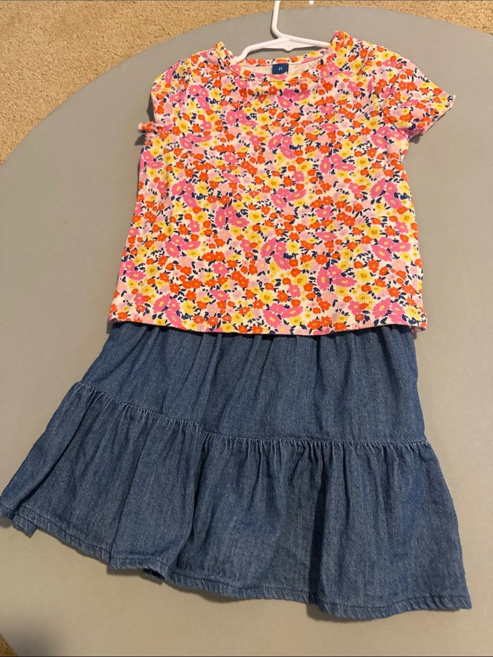 Denim Tiered Jumper Dress with Pink Floral Tee - Girls